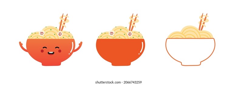 Set, collection of cute cartoon style noodle bowl character with bowls of noodles icons, symbols for food design.
