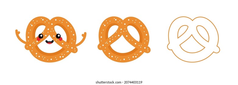 Set, collection of cute cartoon style pretzel, knot-shaped baked pastry character with pretzels icons, symbols for food design.