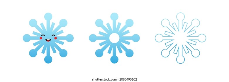 Set, collection of cute cartoon style blue snowflake character with snowflakes icons, symbols for nature and winter holidays design.