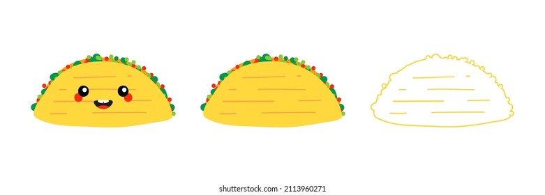 Set, colección de lindo personaje de taco estilo caricatura, plato tradicional mexicano e íconos para comida, diseño de comida callejera.