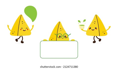 Set, collection of cute cartoon style samosa, indian baked savory pastry characters doing different things, holding card, speaking, walking with a bowl of chutney.
