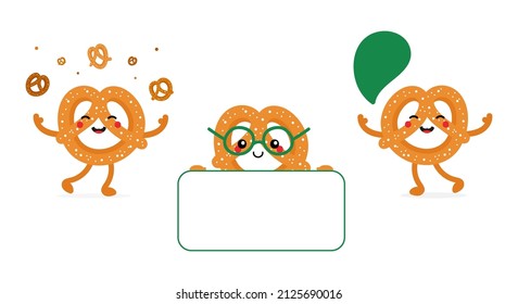 Set, collection of cute cartoon style pretzel characters holding card, speaking, juggling little pretzels.