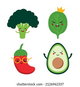 Set, collection of cute cartoon style vegetables, veggies. Funny and smiling broccoli, spinach, chili pepper, avocado characters for food design.