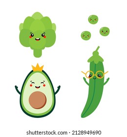 Set, collection of cute cartoon style vegetables, veggies. Funny and smiling artichoke, avocado, sweet green peas characters for food design.