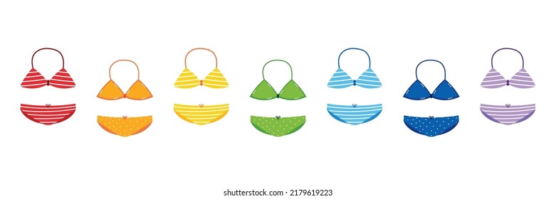 Set, collection of cute cartoon style rainbow colored swimwear with bra and panties for summer and vacation design.
