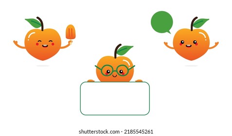 Set, collection of cute cartoon style peach fruit characters having fun, eating ice cream, talking, holding card.