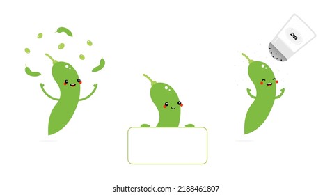 Set, Sammlung von süßen Cartoon Stil edamame Charaktere, die verschiedene Aktivitäten. Karte, Banner in den Händen, Bohnen jonglieren, mit Salz duschen. Konzeptionelles Design für edamame Snacks.