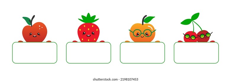 Set, collection of cute cartoon style apple, strawberry, peach, cherry characters holding in hands blank cards, banners, boards.
