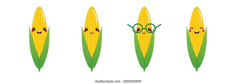 Set, collection of cute cartoon style corn characters for food and harvest design.
