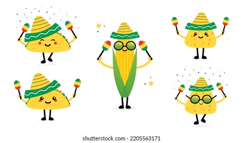 Set, collection of cute cartoon style nacho chips, taco, corn characters dancing with maracas, wearing sombrero. Holiday or event celebration.
