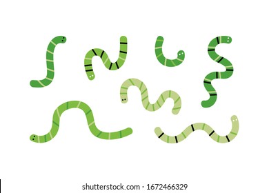 Set, collection of cute cartoon vector caterpillars, snakes or worms.