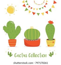 Set, collection of cute cartoon vector cactus in pots and decoration elements.