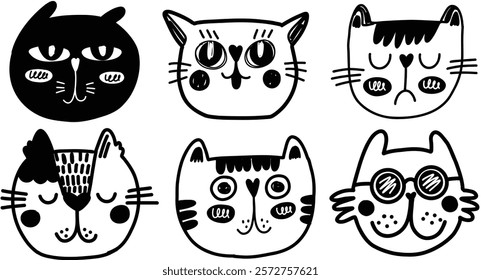 set collection of cute cats doodle hand drawn illustration outline black white drawing kids sketch icon