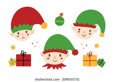 Set, collection of cute christmas elves in hats with gift boxes, presents and christmas ornaments. Vector icons, illustration.