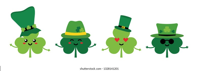 Set, collection of cute clover, shamrock cartoon characters smiling, having fun in green leprechaun hats.