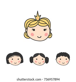 Set, collection of cute colorful doodle avatar icons isolated on white background.