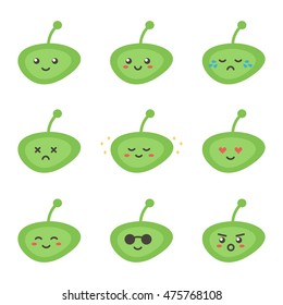 Set, collection of cute colorful little humanoid's, alien's, monster's faces with different emotions isolated on white background.