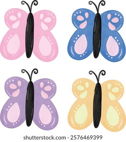 set collection of cute colorful pastel color butterfly watercolor crayon easter spring purple pink blue orange sticker vector illustration clipart animal bugs element