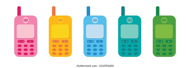Set, collection of cute and colorful retro mobile phones for technology design.
