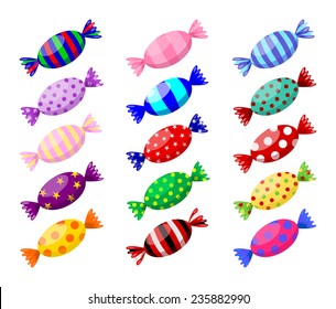 Set, collection of cute colorful twisted sweet candies. every candy has a different color and texture design paper, striped, dotted... vector art image illustration, isolated on white background eps10