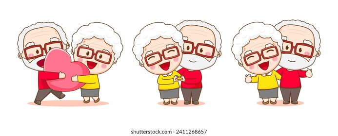 Set collection of cute couple grandparents. Grandpa and grandma cartoon character. Happy old couple. Chibi vector style. Isolated white background