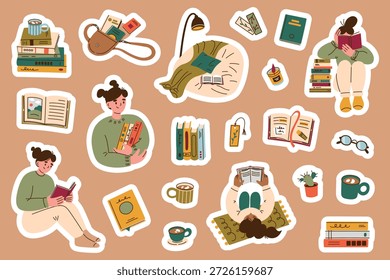 Conjunto de coleção de adesivos de leitura acolhedor bonito, ilustração de desenhos animados planos vetoriais. Livros, pessoas lendo em casa, hobby e tema de tempo de si mesmo para planejadores, revistas, mídias sociais, aplicativos de mensagens