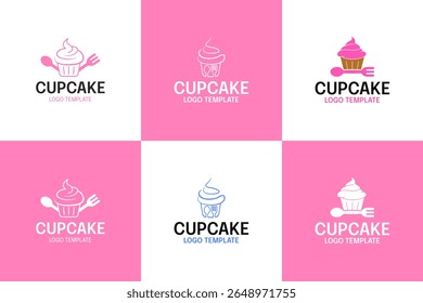 Conjunto de coleção de design de logotipo de padaria bonito cupcake com garfo e colher ícone vetor