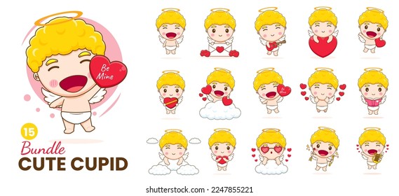 Colección de un lindo personaje de dibujos animados cupido. Amur bebés, ángeles pequeños o eros de dios. Diseño conceptual del día de San Valentín. Un ángel adorable enamorado. Carácter vector kawaii chibi. Fondo blanco aislado.