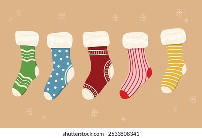 Set, collection of cute decorated christmas socks, christmas stocking, sock bags design for winter holidays. merry christmas socks .