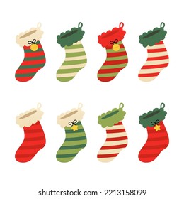 Set, collection of cute decorated striped christmas socks, christmas stocking, sock-shaped bags for winter holidays design.


