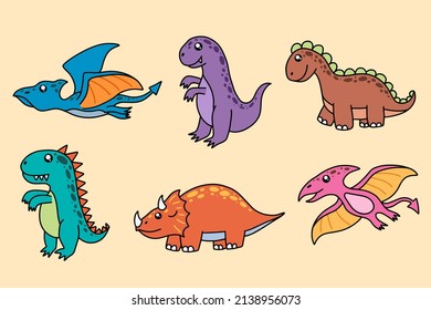 Set Collection Cute Dinosaurs Fossil cartoon doodle character Hand drawn flat line art