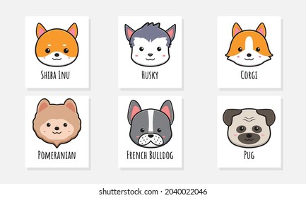 Set collection of cute dog poster card doodle cartoon icon illustration design flat cartoon style