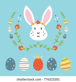 Set, collection of cute doodle design elements for Easter with colorful eggs and rabbit.