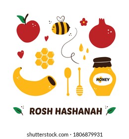 Set, collection of cute doodle icons for Jewish New Year holiday called Rosh Hashanah. Apple, pomegranate, honey and bee, shofar horn icons, illustration.