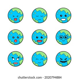Set collection of cute earth emoticon cartoon icon illustration. Design isolated flat cartoons style