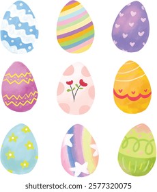 set collection of cute easter eggs doodle illustration watercolor in pastel bright colors polkadot flower floral pattern hand drawn spring season vector clipart