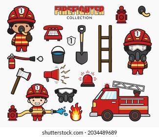 Set collection of cute firefighter and equipment cartoon icon clipart illustration. Design isolated flat cartoon style