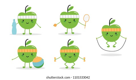 Set, collection of cute fitness green apple characters doing different activities, sports to keep themselves fit, fun and healthy. 