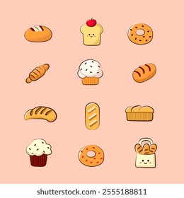 set of collection cute food sticker , sweet food, bakkery bread vector food design