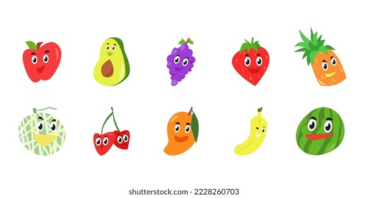 set collection of cute fruit character icons. cartoon vector style. white background. concept of fruit, food, suitable for children's book illustration, template, pattern, mascot, sticker, etc.