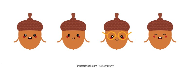 Set, collection of cute and funny cartoon acorn characters for autumn, fall design.