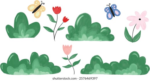 set collection cute garden park spring season green grass butterfly butterflies flower red pink peach rose watercolor crayon illustration design element ornament