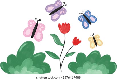 set collection cute garden park spring season green grass butterfly butterflies flower red rose watercolor crayon illustration design element ornament