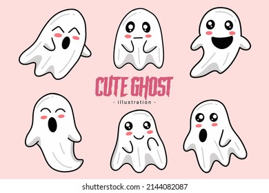 Set of Collection Cute Ghost Horror Cartoon flat design hand drawn Spooky emoji funny spirit doodle