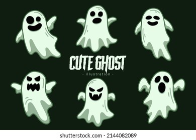 Set of Collection Cute Ghost Horror Cartoon flat design hand drawn Spooky emoji funny spirit doodle