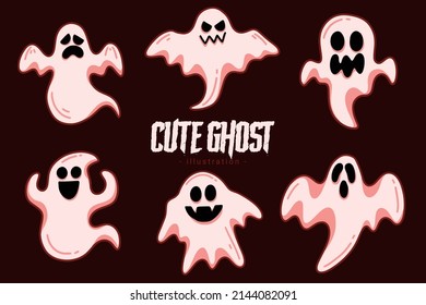 Set of Collection Cute Ghost Horror Cartoon flat design hand drawn Spooky emoji funny spirit doodle