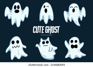 Set of Collection Cute Ghost Horror Cartoon flat design hand drawn Spooky emoji funny spirit doodle