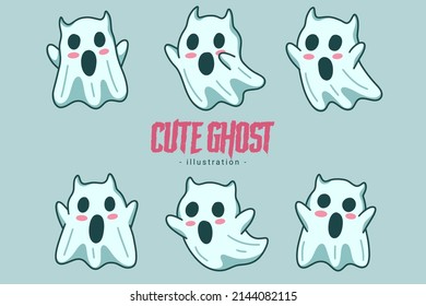 Set of Collection Cute Ghost Horror Cartoon flat design hand drawn Spooky emoji funny spirit doodle