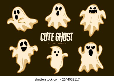 Set of Collection Cute Ghost Horror Cartoon flat design hand drawn Spooky emoji funny spirit doodle