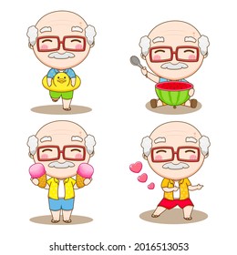 Set Collection of Cute grandfather cartoon character in summer vacation. Summer concept design. Grandpa beach activities. Chibi vector art illustration. Isolated white background.